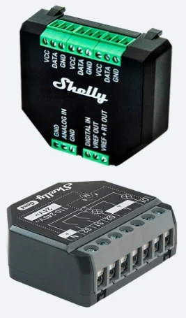 Shelly PM či 2PM,<br>
Shelly Add-on pro teplotní snímače a vstup pro snímač odběru teplé vody